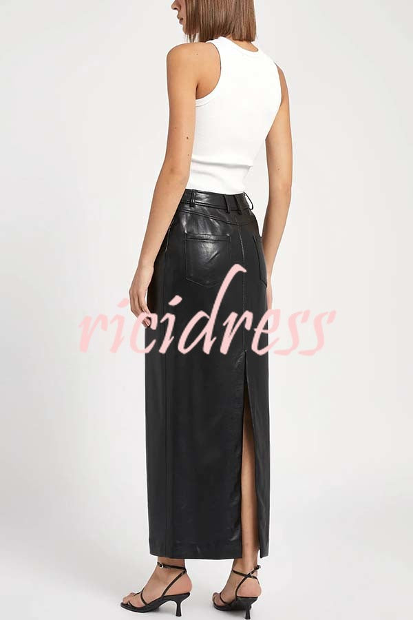 Classic Feel Faux Leather Mid Rise Pocket Slit Stretch Maix Skirt