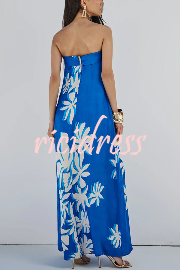 Fashion Vacation Satin Unique Print Off Shoulder Maxi Dress