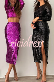 Solid Sequined Long-sleeved Crop Top and Sexy Slit Midi Skirt Set