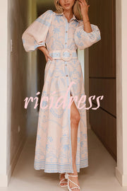 Linen Blend Lapel Puff Sleeve Casual Waist Belted Maxi Dress