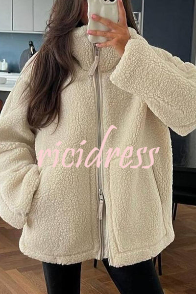 Solid Color Stitching High Collar Long Sleeve Loose Pocket Woolen Coat