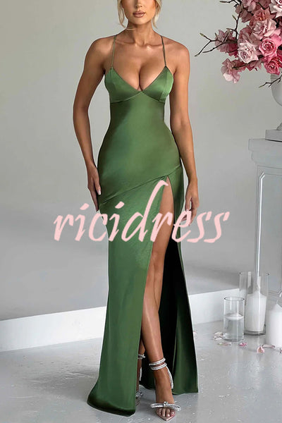 Satin Solid Color Sexy Backless Lace Up High Slit Maxi Dress