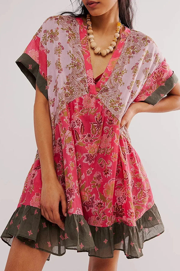 Bohemian Printed Casual Short Sleeve Ruffled Mini Dress