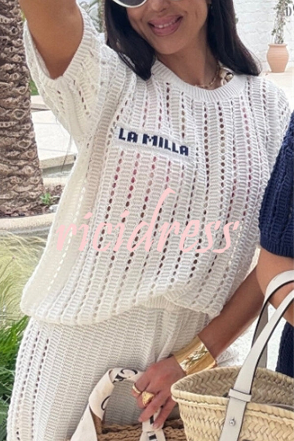 Fashionable Hollow Knit Short-sleeved Top and Elastic High-waist Casual Shorts Set