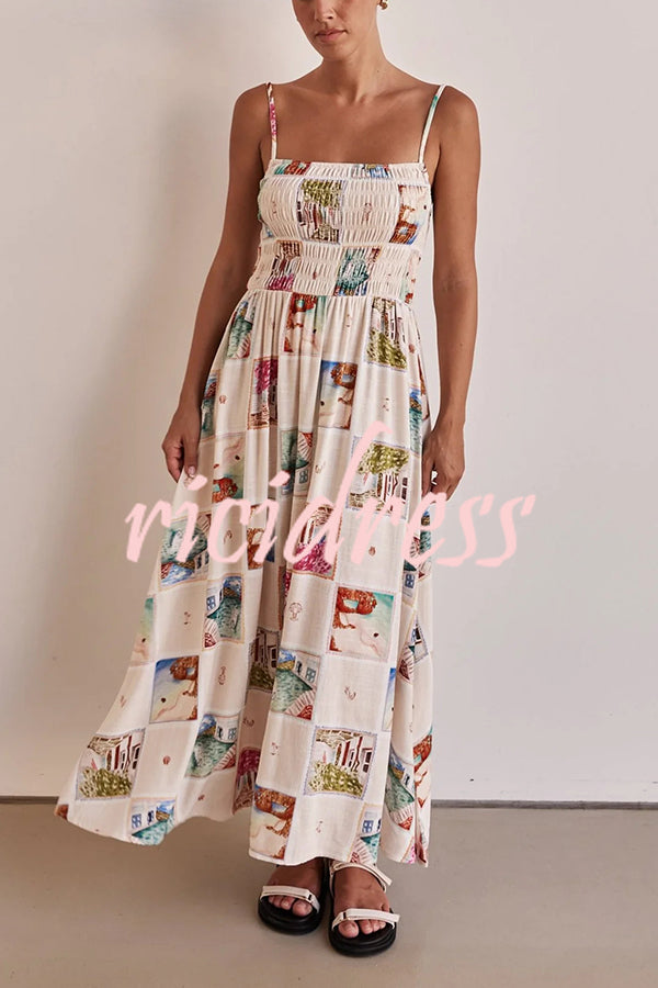 Unique Printed Sling Backless Elastic Pleated Maxi Dress