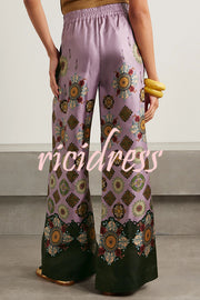 Satin Unique Print Loose Batwing Sleeve Top and Elastic Waist Pocket Casual Wide-leg Pants Set