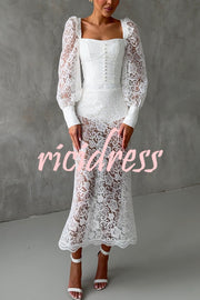 Timeless Moment Floral Lace Square Neck Button Up Balloon Sleeve Top