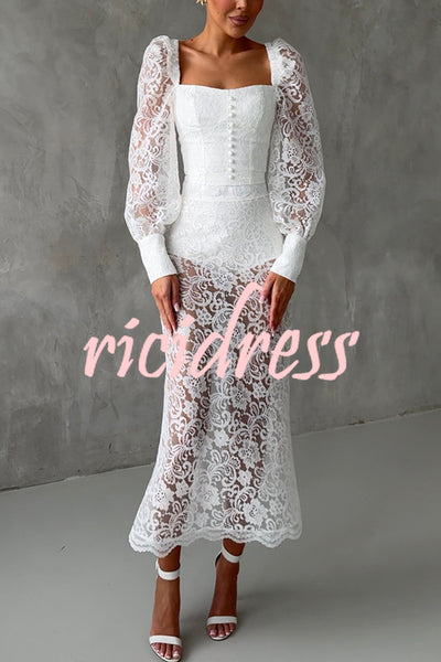 Timeless Moment Floral Lace Square Neck Button Up Balloon Sleeve Top