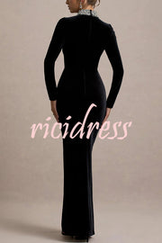 Love Lost Velvet Embellished High Neck Long Sleeve Twist Slit Maxi Dress