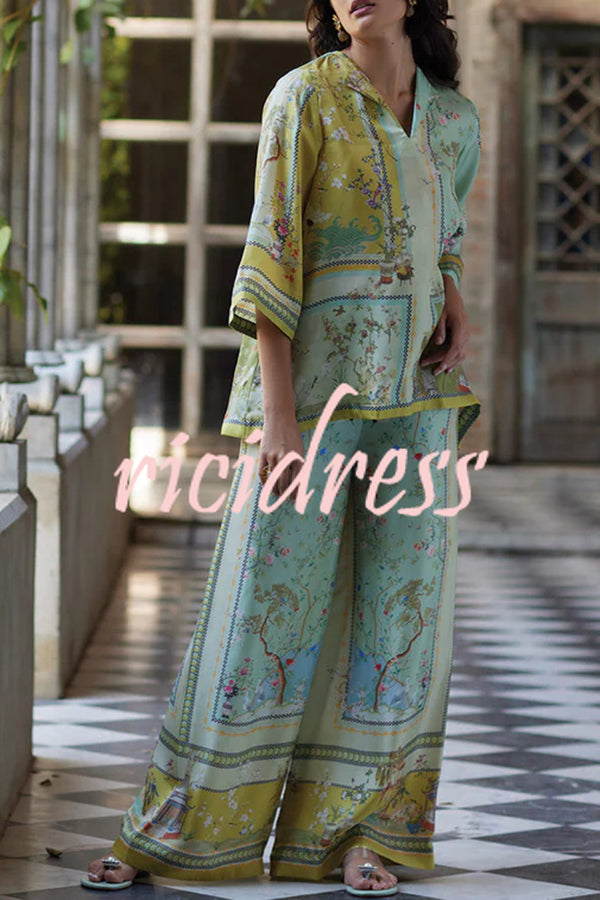 Elonie Satin Floral Print V-neck Half Sleeve Top and Elastic Waist Wide Leg Pants Set