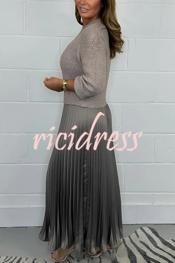 Stylish Knitted Round Neck Long Sleeve Patchwork Pleated Hem Maxi Dress