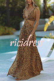 Elegant Wildness Leopard Print Elasticated Cutouts Slip Maxi Dress