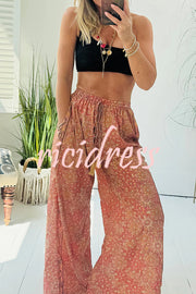 Vintage Boho Ethnic Print High Rise Elastic Drawstring Waist Pocketed Loose Pants