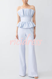 Every Occasion Crepe Panel Ruffles Strapless Top and High Rise Pocketed Flare Pants Set