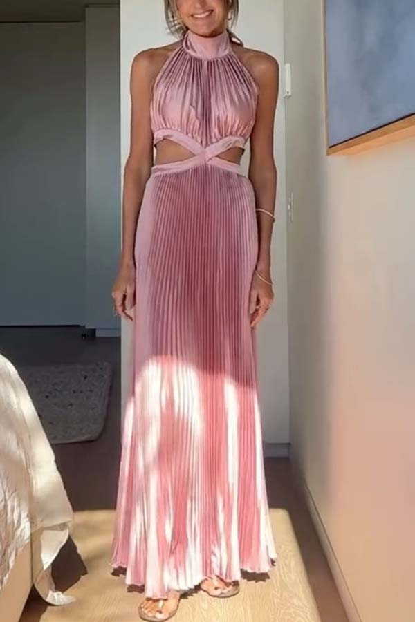 Stunning Choice Satin Pleated Halter High Neck Cutout Waist Backless Maxi Dress