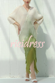 Fashionable Color-blocked Multi-layered Tassel Loose Midi Dress