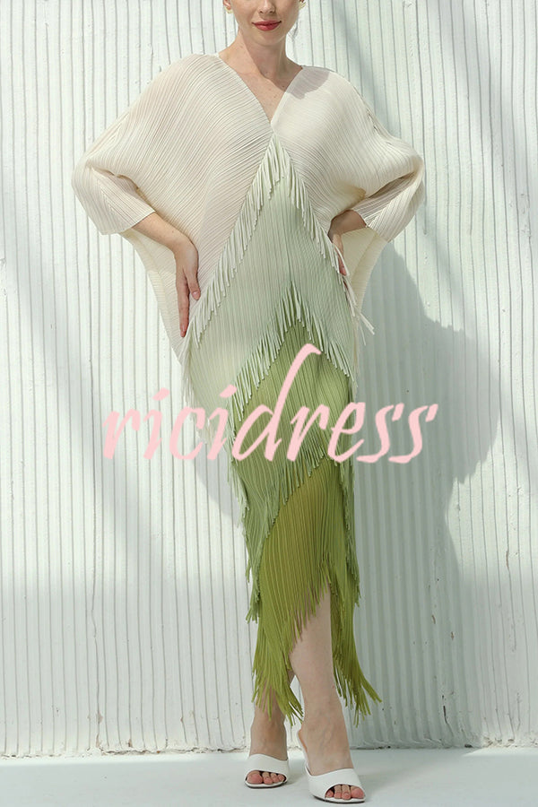 Fashionable Color-blocked Multi-layered Tassel Loose Midi Dress