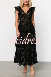 Solid V-neck Ruffled Sleeves Cinched Waist Maxi Dress