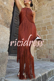 Fashion Sleeveless Halter Neck Elegant Tassel Slim Maxi Dress
