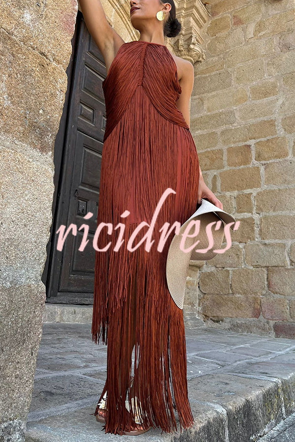 Fashion Sleeveless Halter Neck Elegant Tassel Slim Maxi Dress