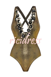 Solid Color Shiny Fabric Deep V Metal Embellished Stretch One-piece Swimsuit