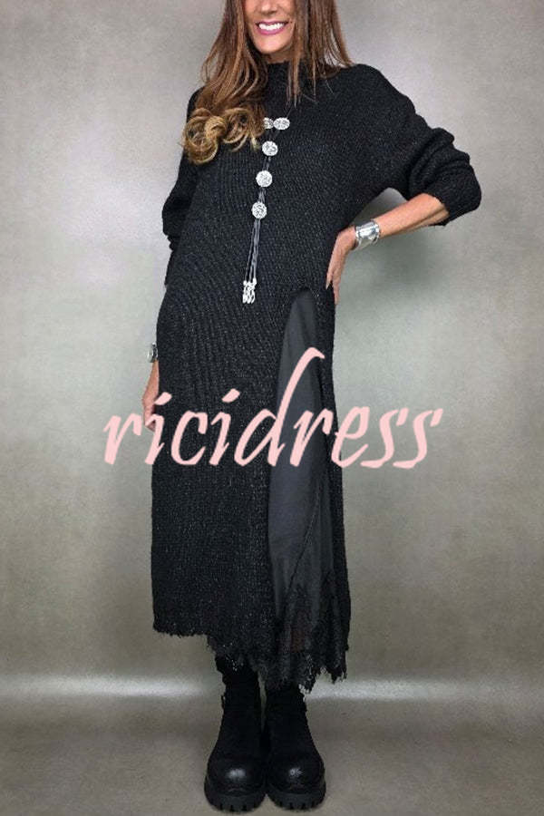Solid Color Knitted Long-sleeved Casual Slit Midi Dress