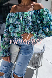 Colorful Botanical Print Sexy Off-shoulder Ruffle Top