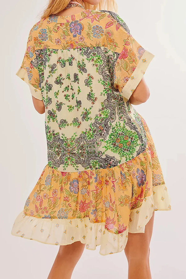 Bohemian Printed Casual Short Sleeve Ruffled Mini Dress