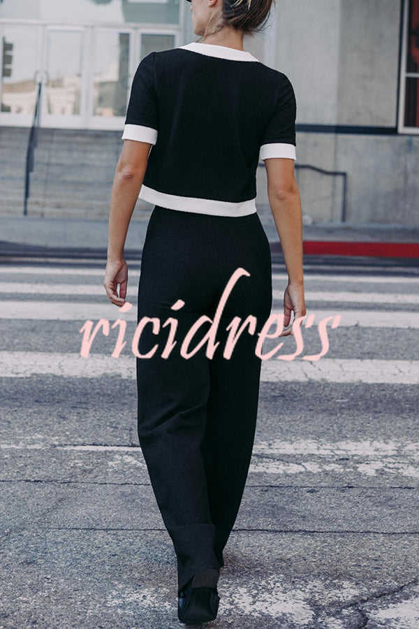 Fashion Contrast Color Stretch High Waist Casual Straight Pants