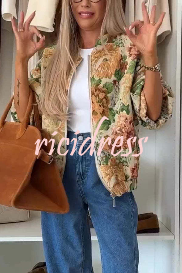 Floral Print Loose Long-sleeved Zip-up Jacket