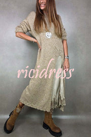 Solid Color Knitted Long-sleeved Casual Slit Midi Dress