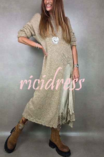 Solid Color Knitted Long-sleeved Casual Slit Midi Dress
