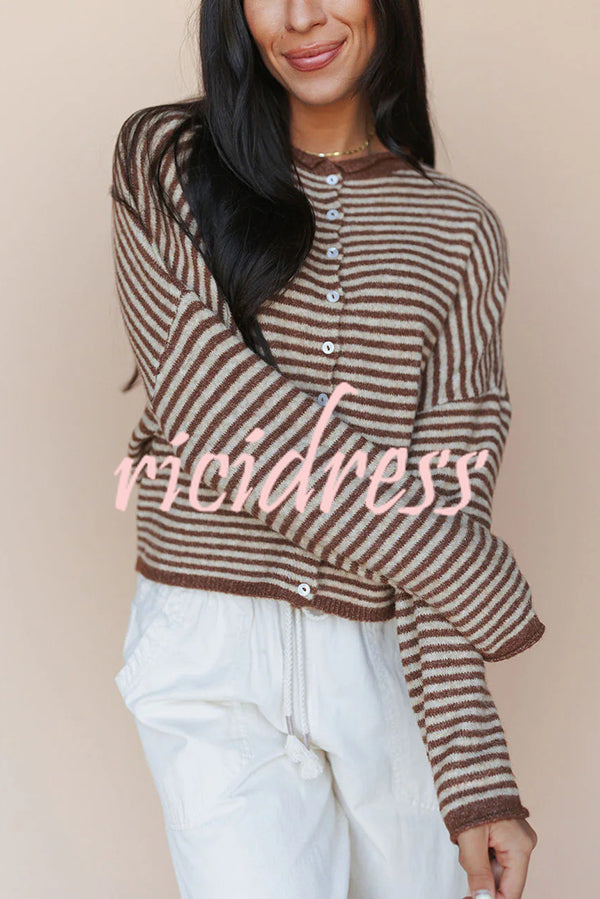 Fashionable Contrast Striped Casual Long-sleeved Knitted Cardigan