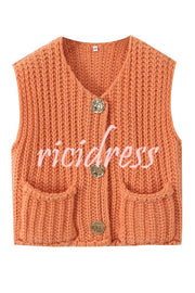 Solid Color Sleeveless Pocket Knitted Vest