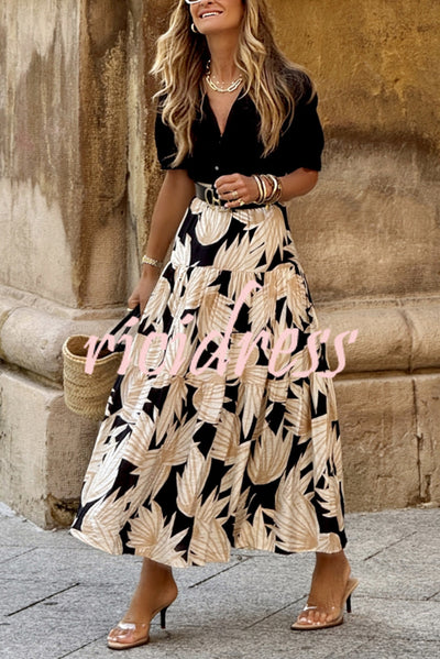 Resort Style Botanical Print Elastic Waist Loose Stitching Midi Skirt