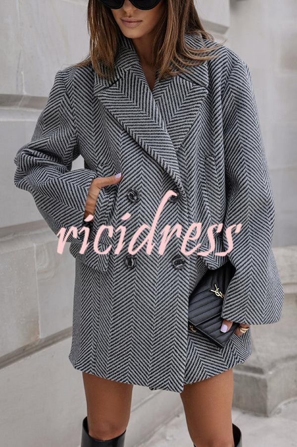 Fashion Stripe Print Lapel Pocket Coat