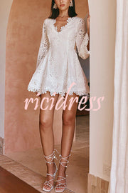 Diaz Embroidery Hollow Fabric Delicate Flower Trim Long Sleeve Side Lace-up Mini Dress