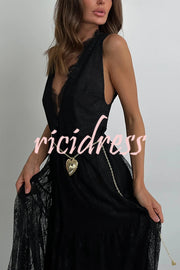 Fashionable Sheer Lace V-neck Backless Elegant Maxi Dress
