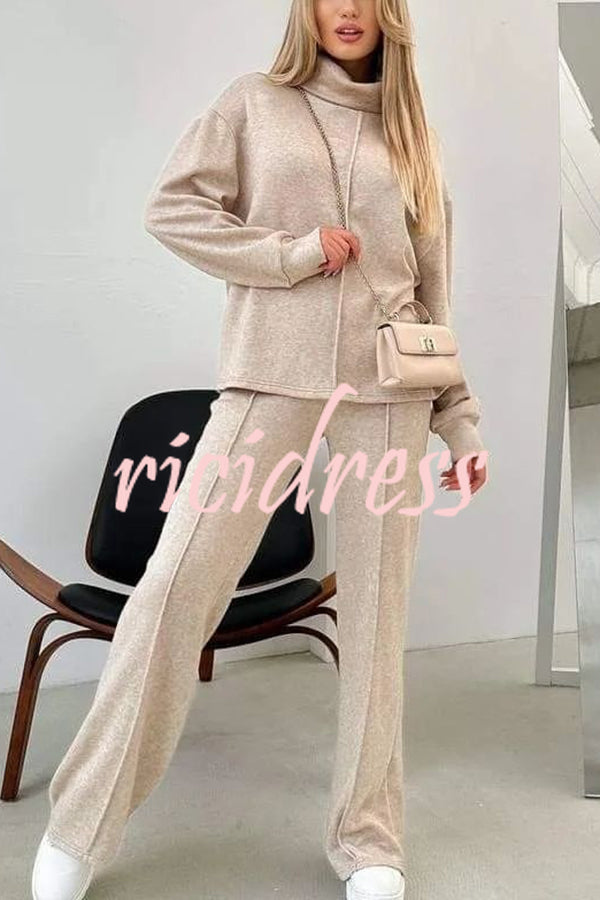 Solid Color Casual Knitted High Neck Long Sleeve Top and Elastic Waist Loose Pants Set