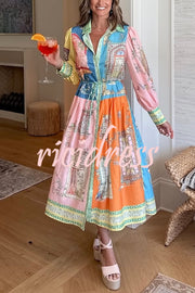 Unique Print Lapel Lantern Sleeve Single Breasted Tie Waist Midi Dress
