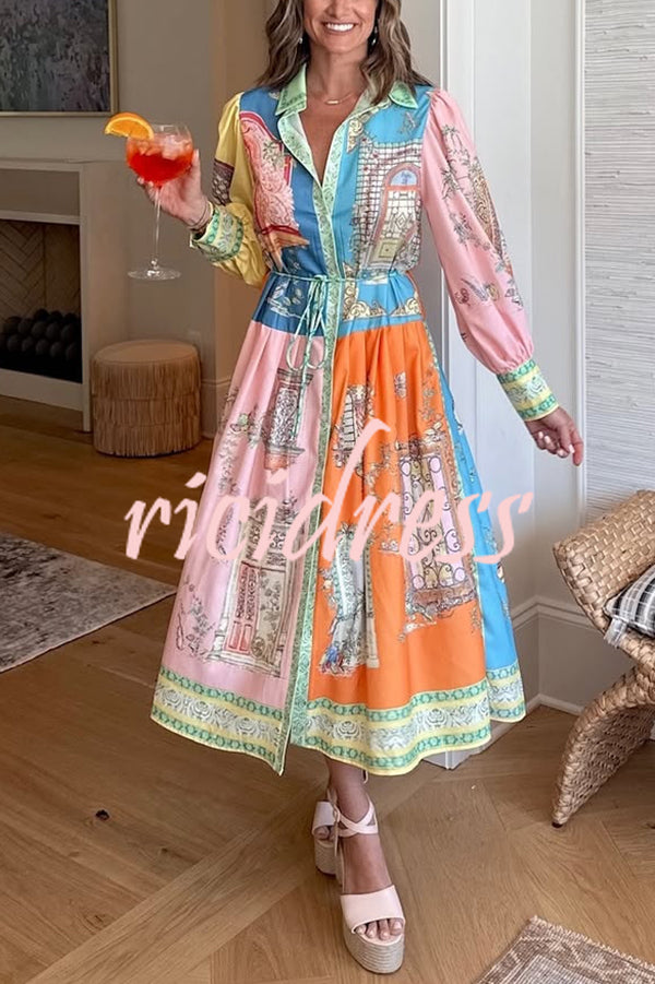Unique Print Lapel Lantern Sleeve Single Breasted Tie Waist Midi Dress