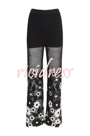 Fashion Embroidered Hollow Hook Elastic Waist Casual Wide-leg Pants