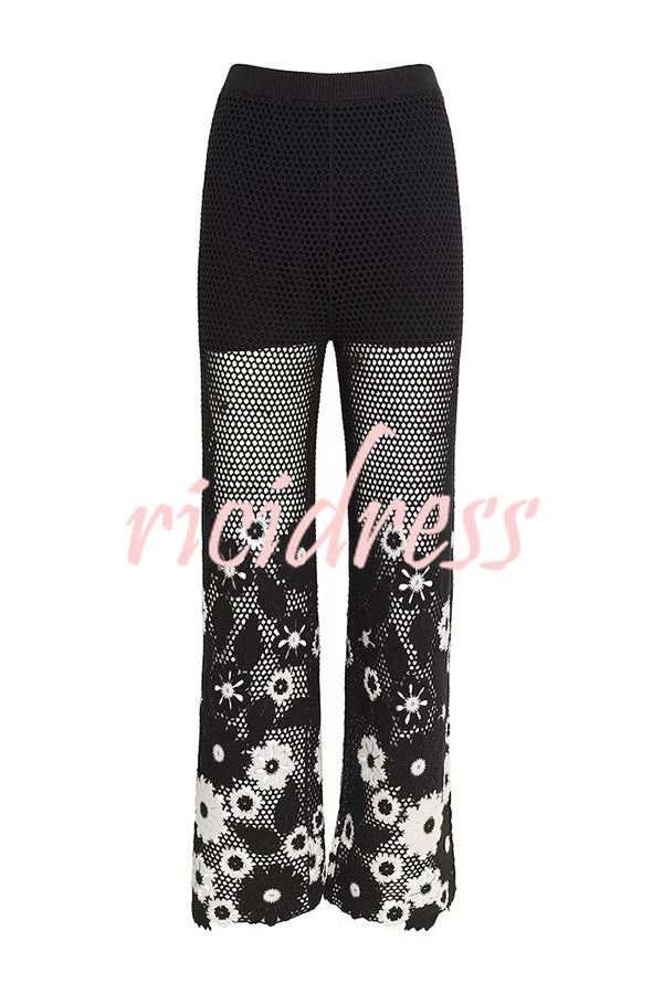 Fashion Embroidered Hollow Hook Elastic Waist Casual Wide-leg Pants