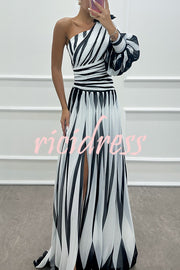 Purely Charming Printed Rose Pendant One Shoulder Pleated Slit Maxi Dress