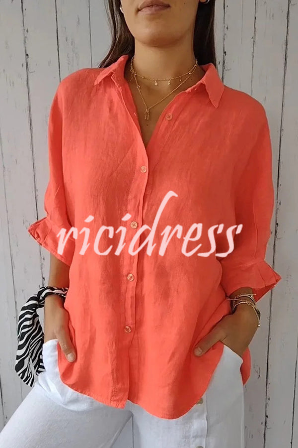 Linen Blend Solid Color Tie Back Loose Shirt Top