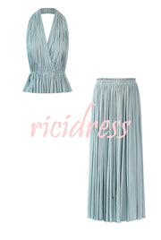 Pure Lightness Chiffon Pleated Halter Backless Top and Elastic Waist A-line Maxi Skirt Set