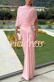 Elegant Mesh Cape-style Pleated Draped Maxi Dress