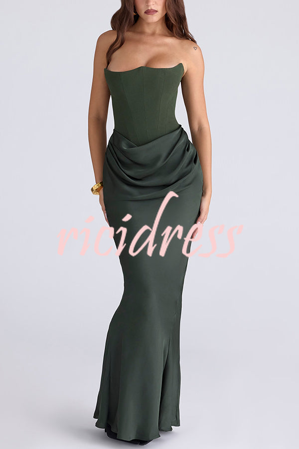 Attend The Gala Strapless Corset Satin Ruched Hip Drape Maxi Dress