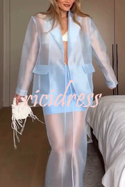 Simple and Light See-through Fabric Tie-up Long Sleeve Pocket Lapel Blazer