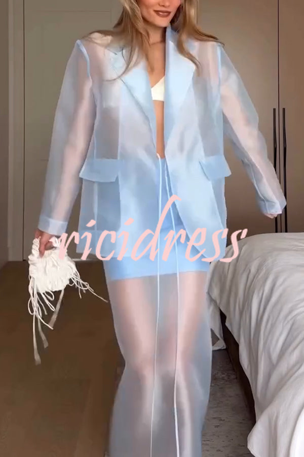 Simple and Light See-through Fabric Tie-up Long Sleeve Pocket Lapel Blazer